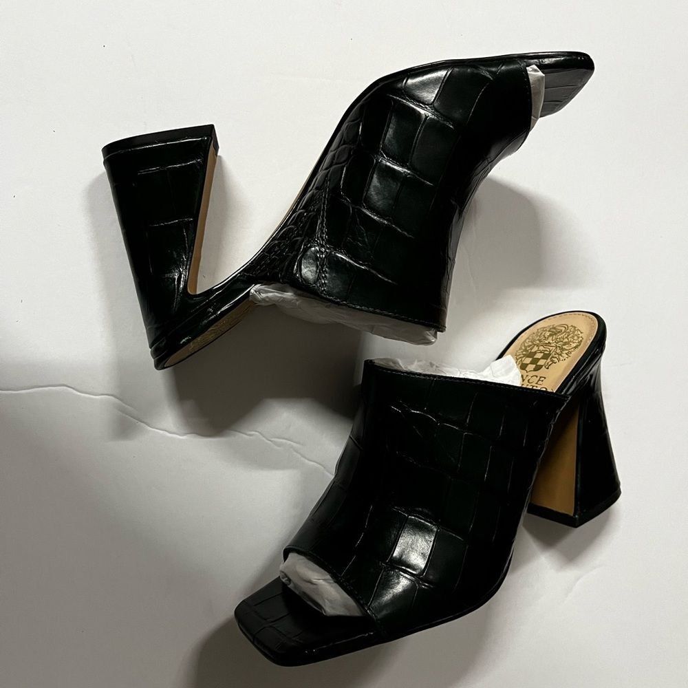 Vince Camuto Croc Embossed Block High Heel Mules Sandals Party Deep Green S6